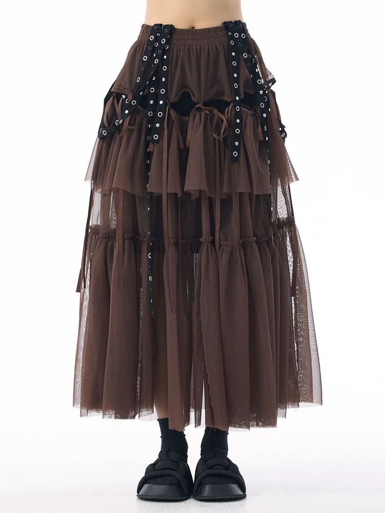 Midi Skirt - High Elastic Waist - Cotton Polyester - Coffee | KIMLUD