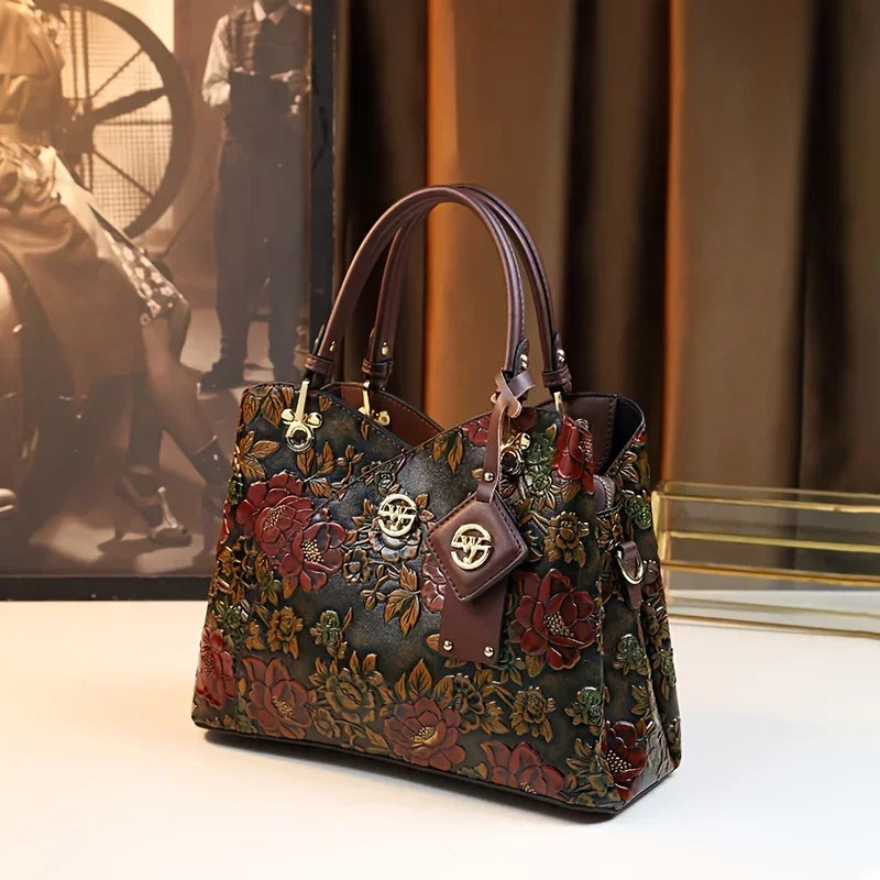 PU Leather Tote Bag Crossbody Floral Pattern — Black | KIMLUD