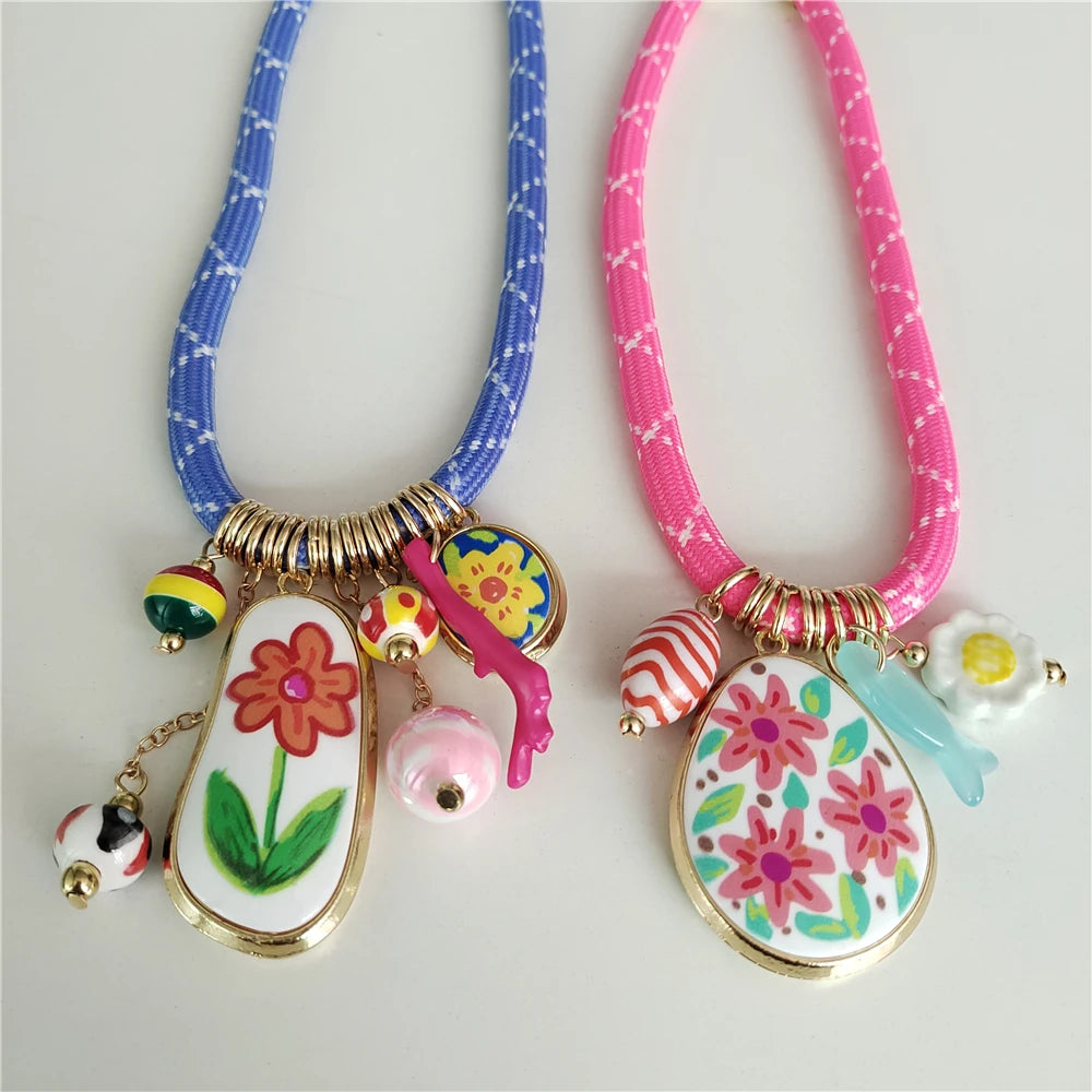 Cord Choker Necklace – Enamel Flower Pendant – Zinc Alloy – Multicolor | KIMLUD