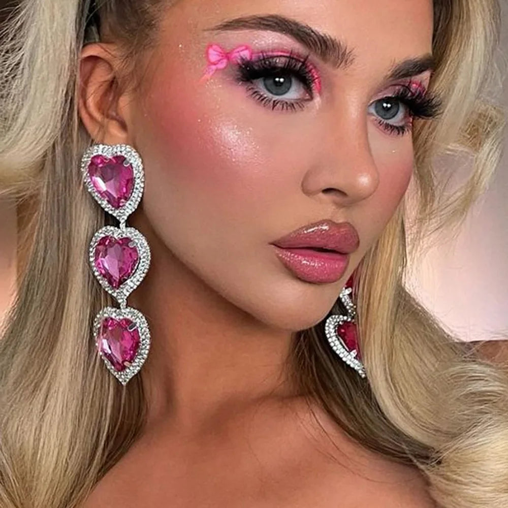 Exaggerate Design Pink Crystal Heart Earrings Statement Jewelry Women 2023 Love Pendant Rhinestone Dangle Earrings Party Gifts