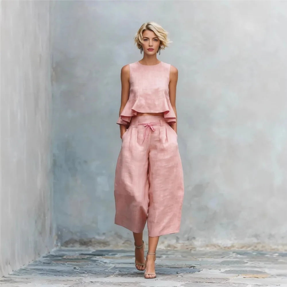 Linen Ruffled Vest Top Two-Piece Set — Ivory | KIMLUD