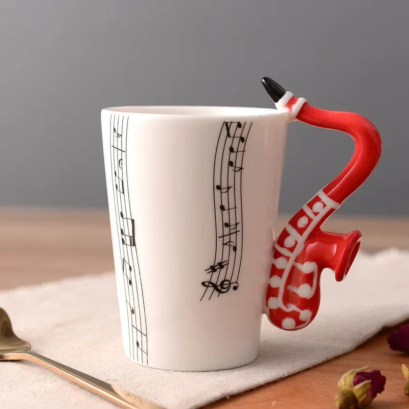 Bone China Mug With Music Note Motif And Delicate Guitar Handle — White | KIMLUD