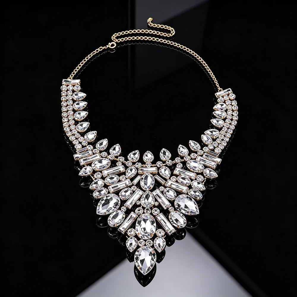 Crystal Bib Necklace Clear Rhinestone Teardrop Cluster Statement Collar Adjustable Jewelry for Women Bridal Wedding Prom Party