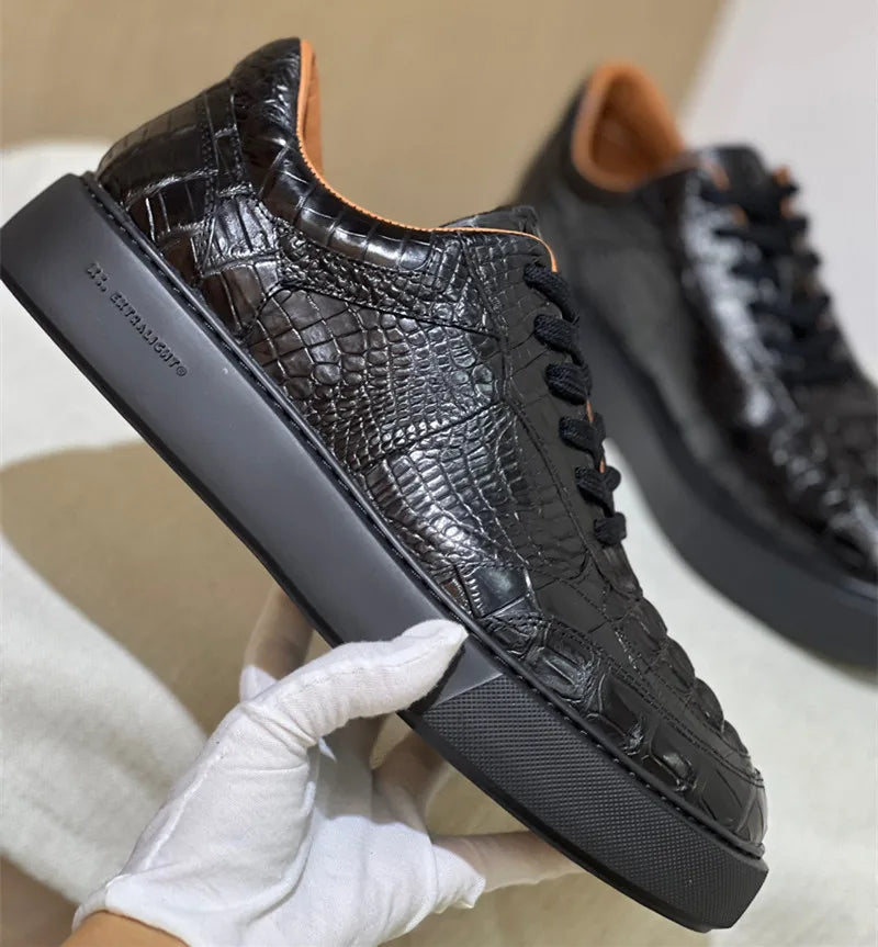 Authentic Crocodile Skin Clear Black Male Casual Platform Board Shoes Genuine Real Alligator Leather Men's Lace-up Walk Sneakers