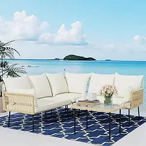 Outdoor Patio Furniture Set, Wicker Outdoor Sectional Set, Boho Patio Conversation Sectional Sofa with Large Tempered Glass Cof