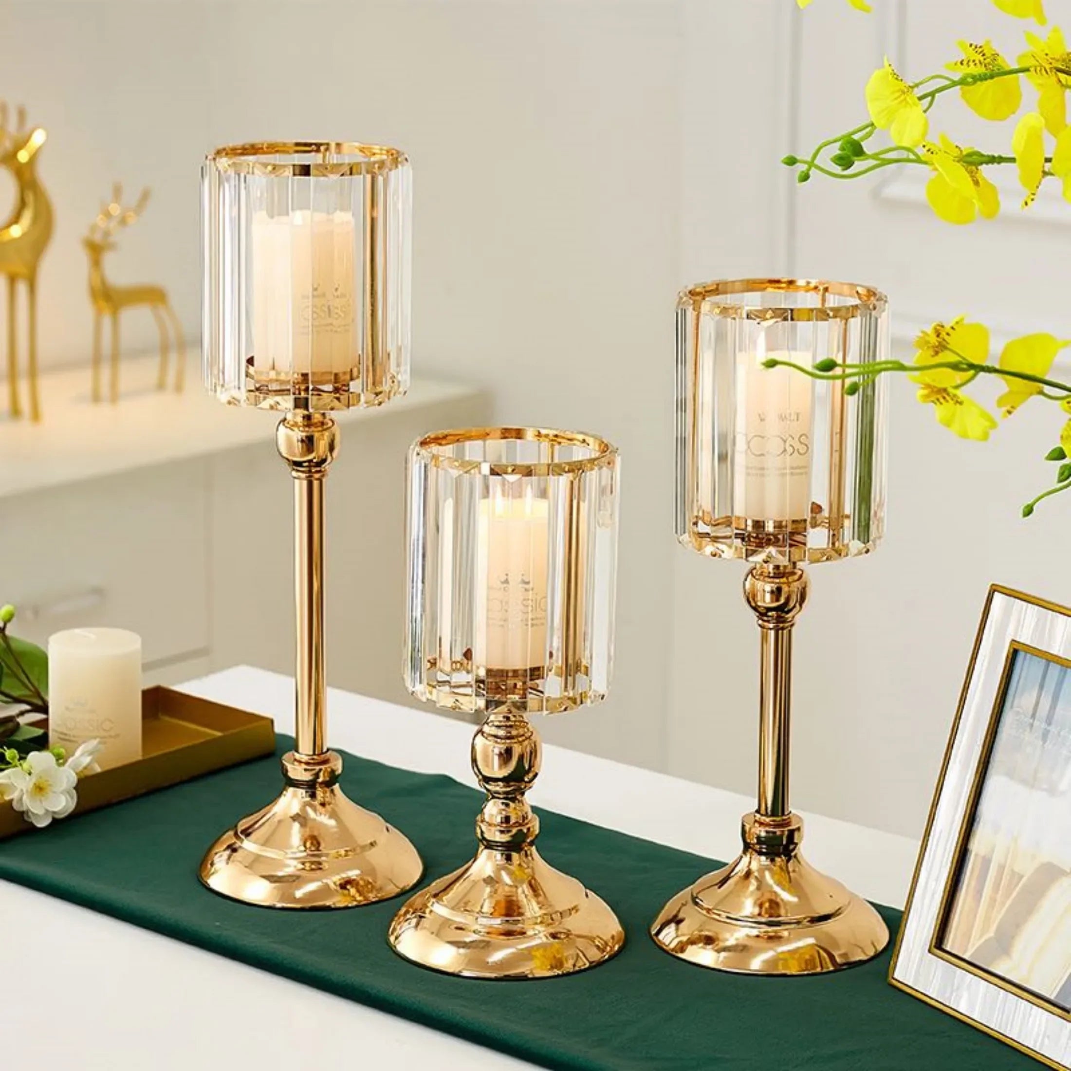 Crystal Gold-Toned Pillar Candle Holder For Dining Tables — Gold | KIMLUD