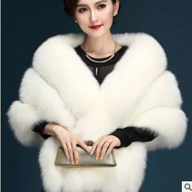Faux Fur Fox Women Coats Shawl Cloak Coat Thick Open Stitch Elegant Maxi Warm Wedding Work Thick Outerwear Autumn Winter