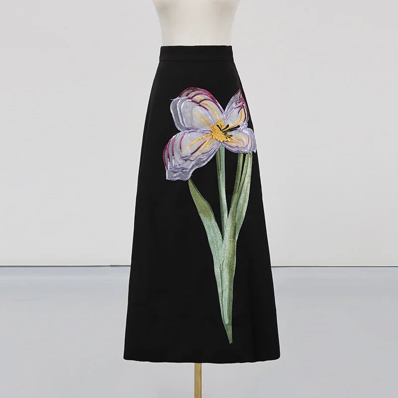 Women's Temperament Elegant Three Dimensional Flower Skirt Two Piece Set Slit Backless Cropped Top High Waist A-line Skirts Sets