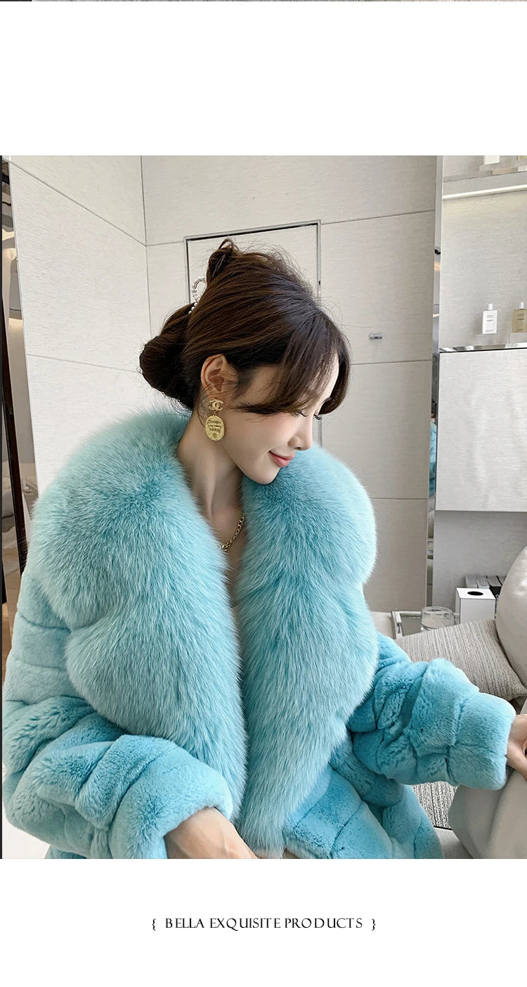 Rex Rabbit Fur Coat – Fox Fur Collar – Chinchilla Color | KIMLUD