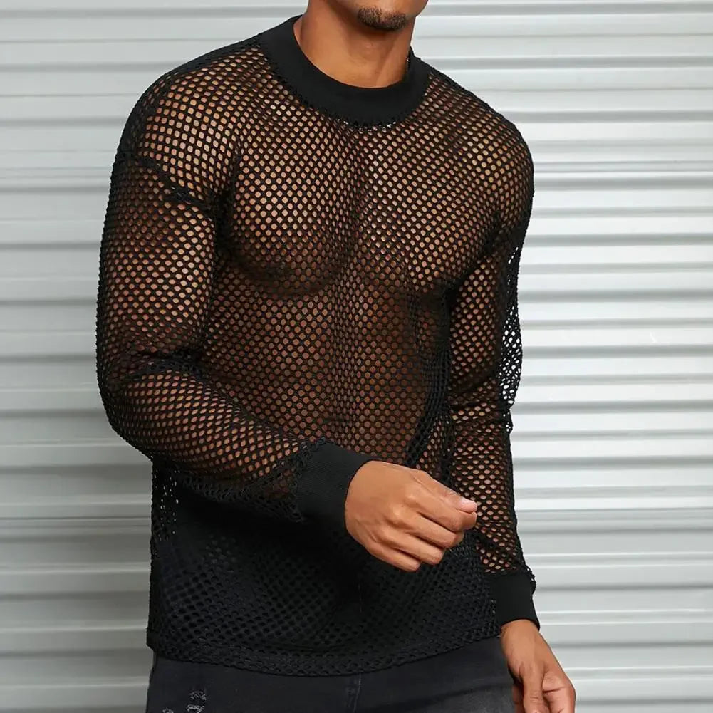 Mesh Top Hollow Design Long Sleeve Tee Loose Fit For Club Nights — Black | KIMLUD