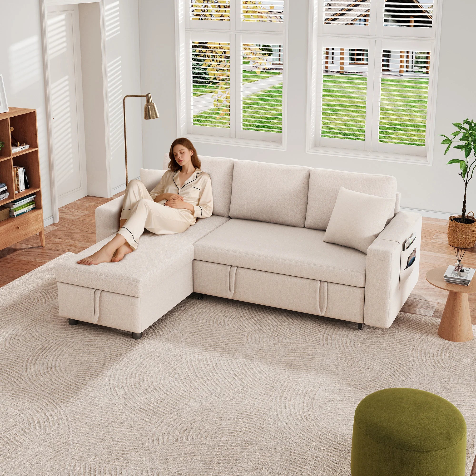 PINGGO L-Shape Sofa Bed with Sleeping Function, Convertible Armchair with Storage & Pocket Storage, Left Right Interchangeable
