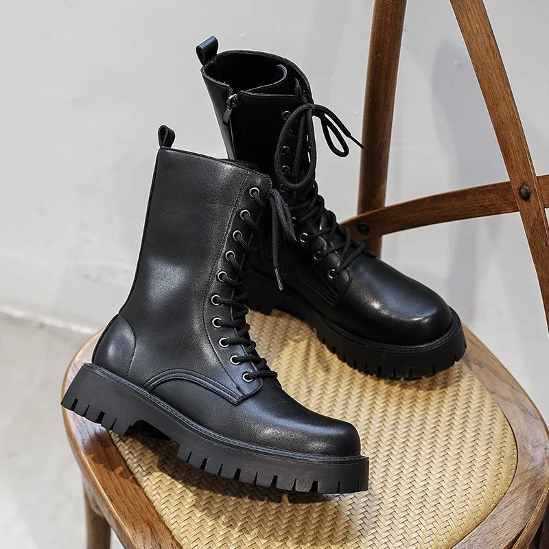 2025New Men's High-top Boots Punk Style Motorcycle Boots Classic Black Casual Leather Boot Lace Up Mid-Calf Platform Boots Botas