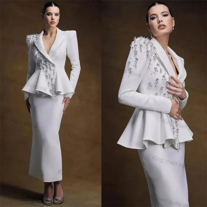 Crystals White Wedding Women Suit Skirt Set 2 Piece Blazer+Midi Prom Dress Custom Made Formal Bride Tuxedo Autumn Jacket Coat