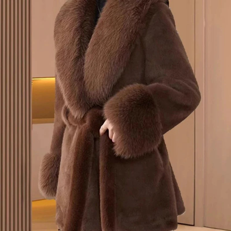 Autumn Winter New 2025 Fur Collar Fox Fur Jacket Women's Overcoat Tight Waist Thickened Warm Parka Loose Chic Fur Jacke