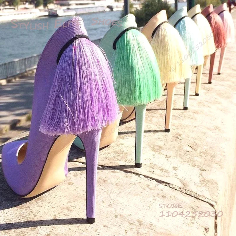 Purple Heel Tassel Suede Stiletto Feather Sandals Pointed Heels Women Hollow Pump Red Light Yellow Dance Fuchsia Cute Party Shoe