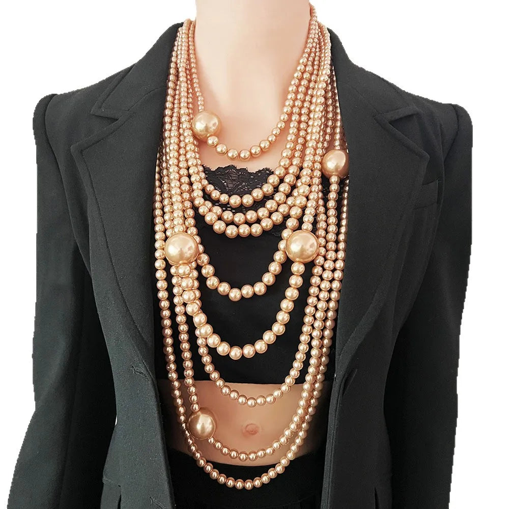 Exaggerated Long Pearl Necklaces Sweater Chain — White | KIMLUD