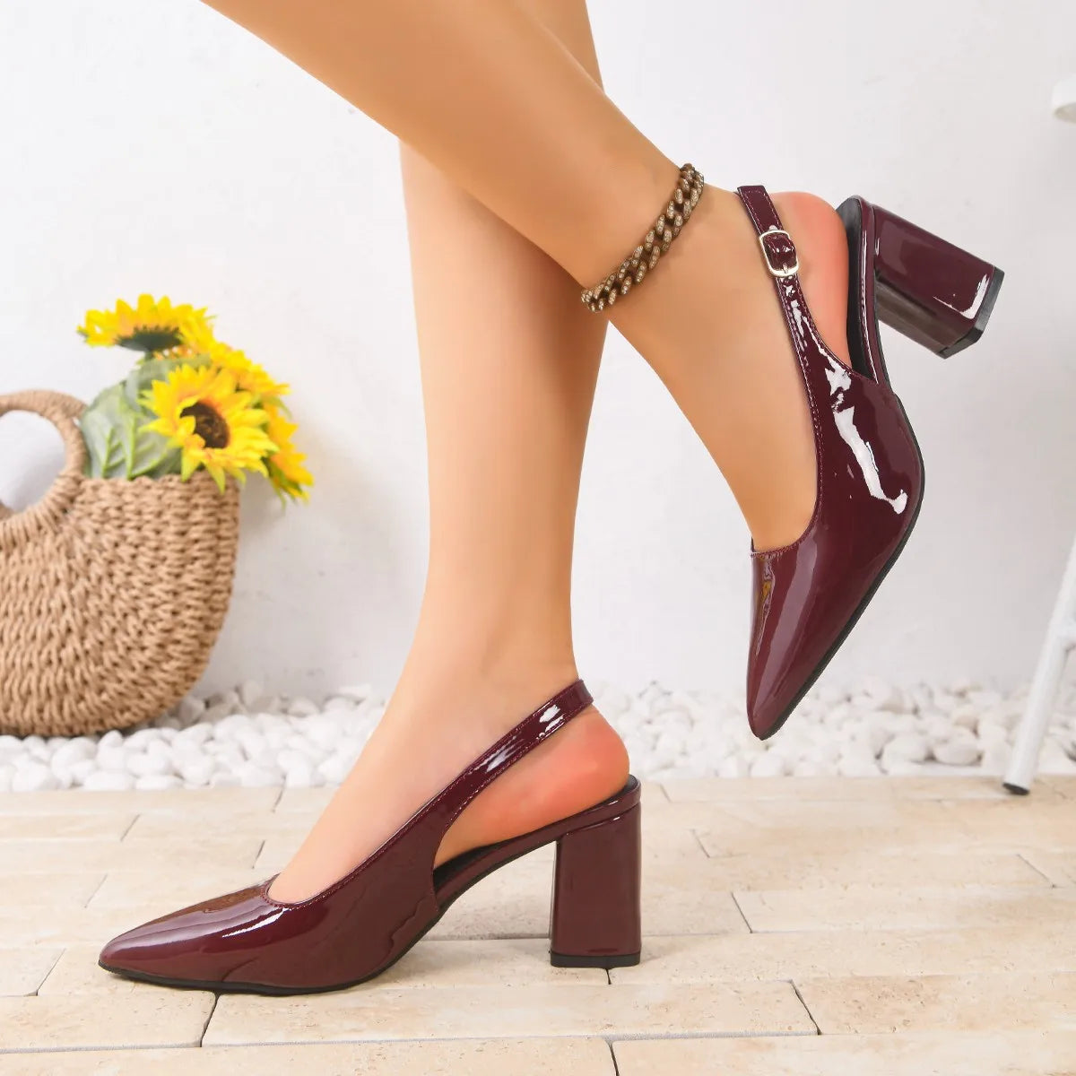 Pointed Toe Sandals for Women Thick High Heels Slingback Summer Shoes Sandalias Mujer Women's Elegant Dress Pumps