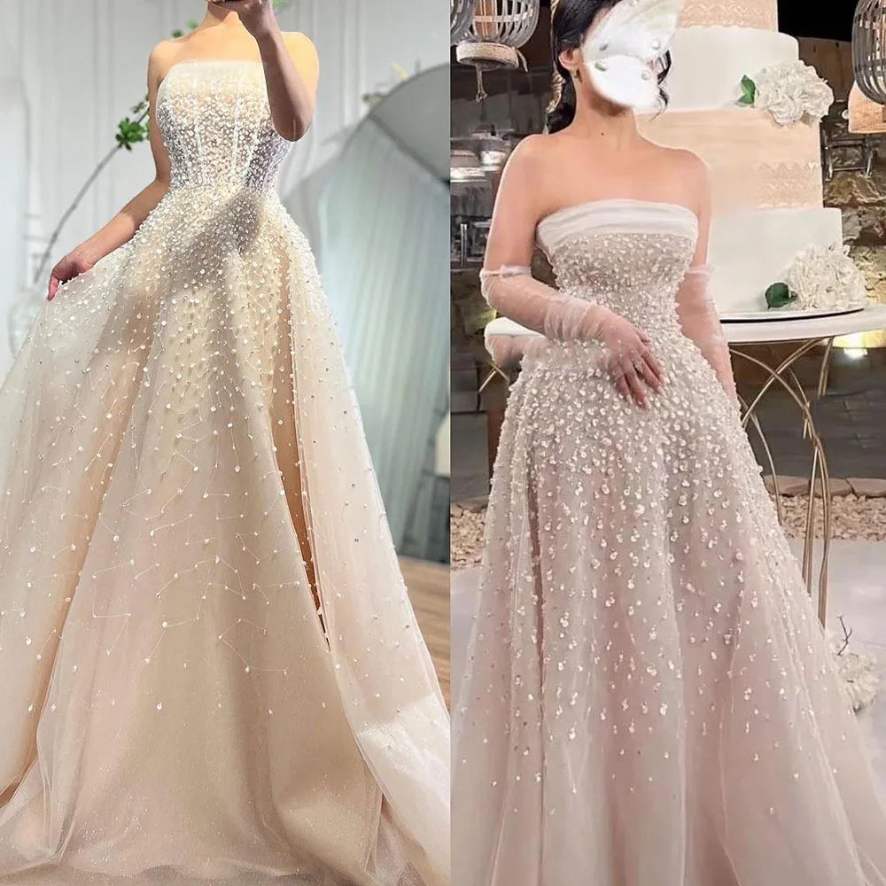 Arabic Beige Sexy A Line Beaded Elegant Long Evening Dresses Gowns For Women Wedding Party With Gloves 2023 BLA72009 Serene Hill - KIMLUD