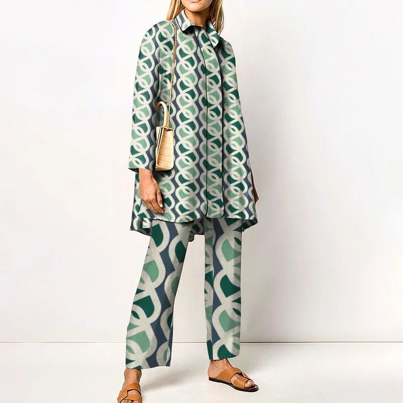 Two-Piece Set – Printed Autumn Vintage – Broadcloth – Wide-Leg Pants | KIMLUD