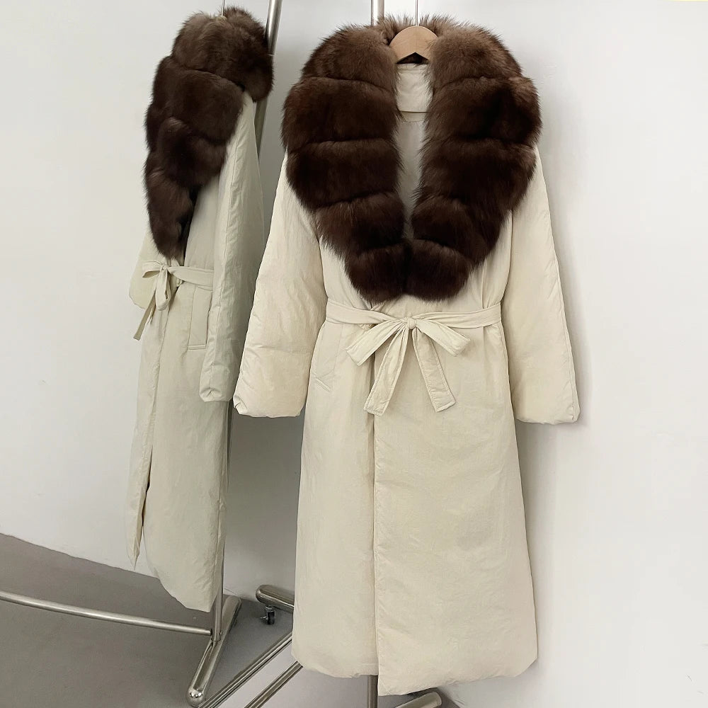 OFTBUY Long Puffer coat Real Fox Fur White Duck Down Coat New Winter Women Collar Fluffy  Jacket Female Thick Warm Reality Fur