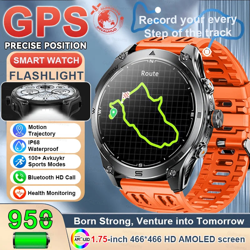 2025New GPS Sports Smart Watch  AMOLED Flashlight 950Mah Battery IP68 Waterproof Fitness Trackr BT Call Smartwatch For Men Women