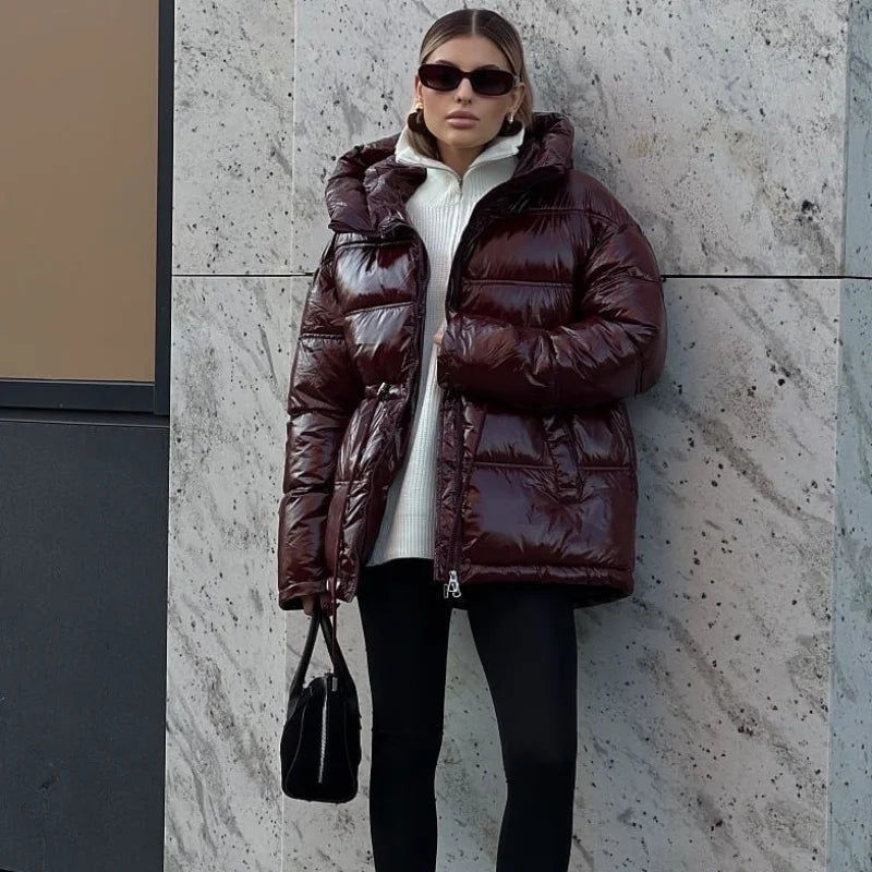 Casual Shiny Hooded Cotton Jackets Women Stand Collar Zipper Drawstring Waist Solid Coat 2025 Winter Lady Chic Warm Outwears New