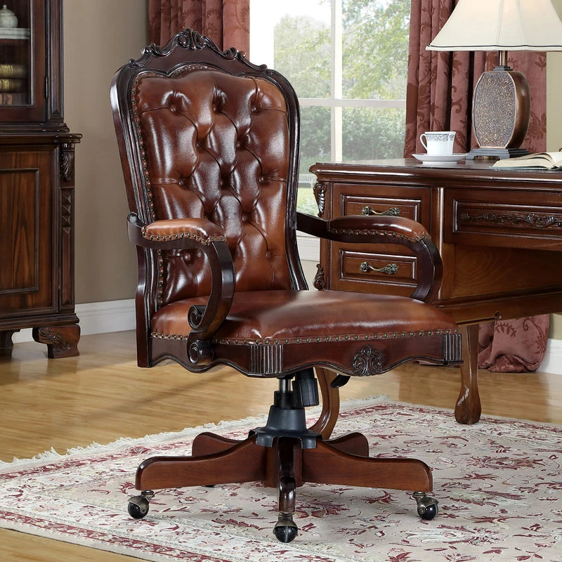 12American Genuine Leather Retro Carved Solid Wood Swivel Chair Office Chair Lift