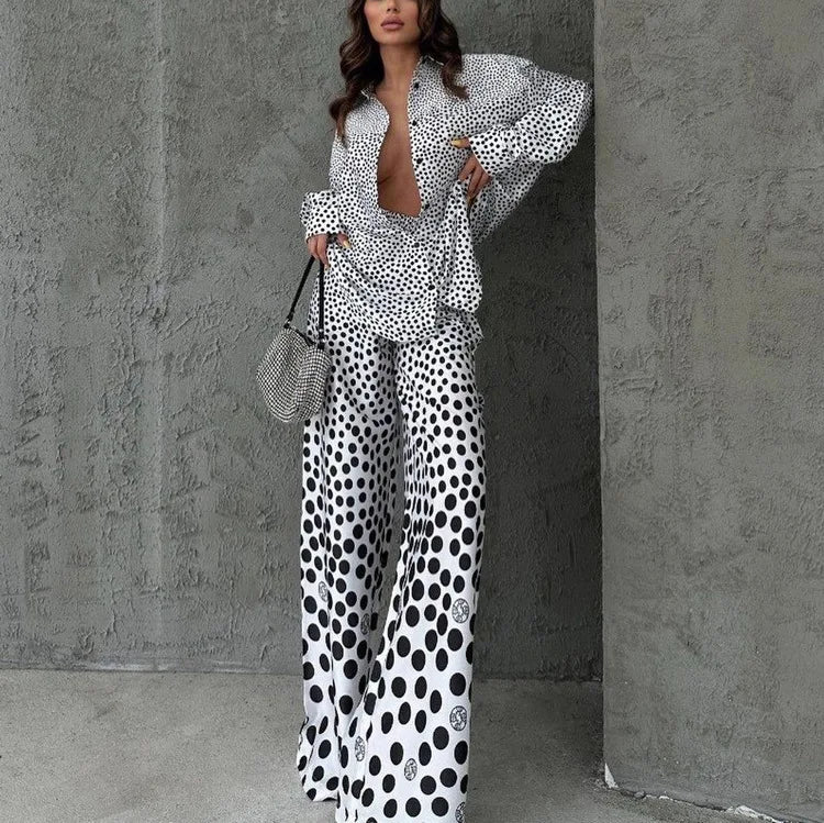 Two-Piece Pajama Set – Long Sleeve Top and Wide-Leg Pants – Polyester | KIMLUD