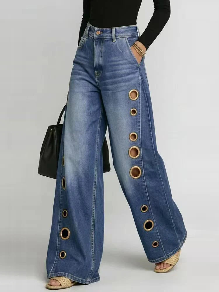 Elegant Fashion Patchwork Chic Trousers Women Spring Summer Hollow Out Wide Leg Pants 2026 Casual Lady High Waist Pants Femme