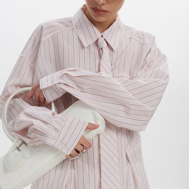 Collar Striped Shirt Asymmetrical Hem Cinched Waist — White | KIMLUD