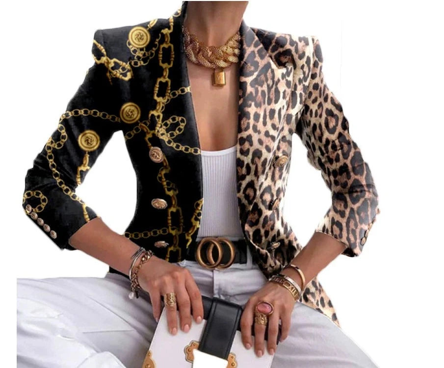 KIMLUD, Women Vintage Print Office Lady Double Breasted Blazer Coat Autumn Fashion Notched Collar Long Sleeve Ladies Outerwear Chic Tops, KIMLUD Womens Clothes