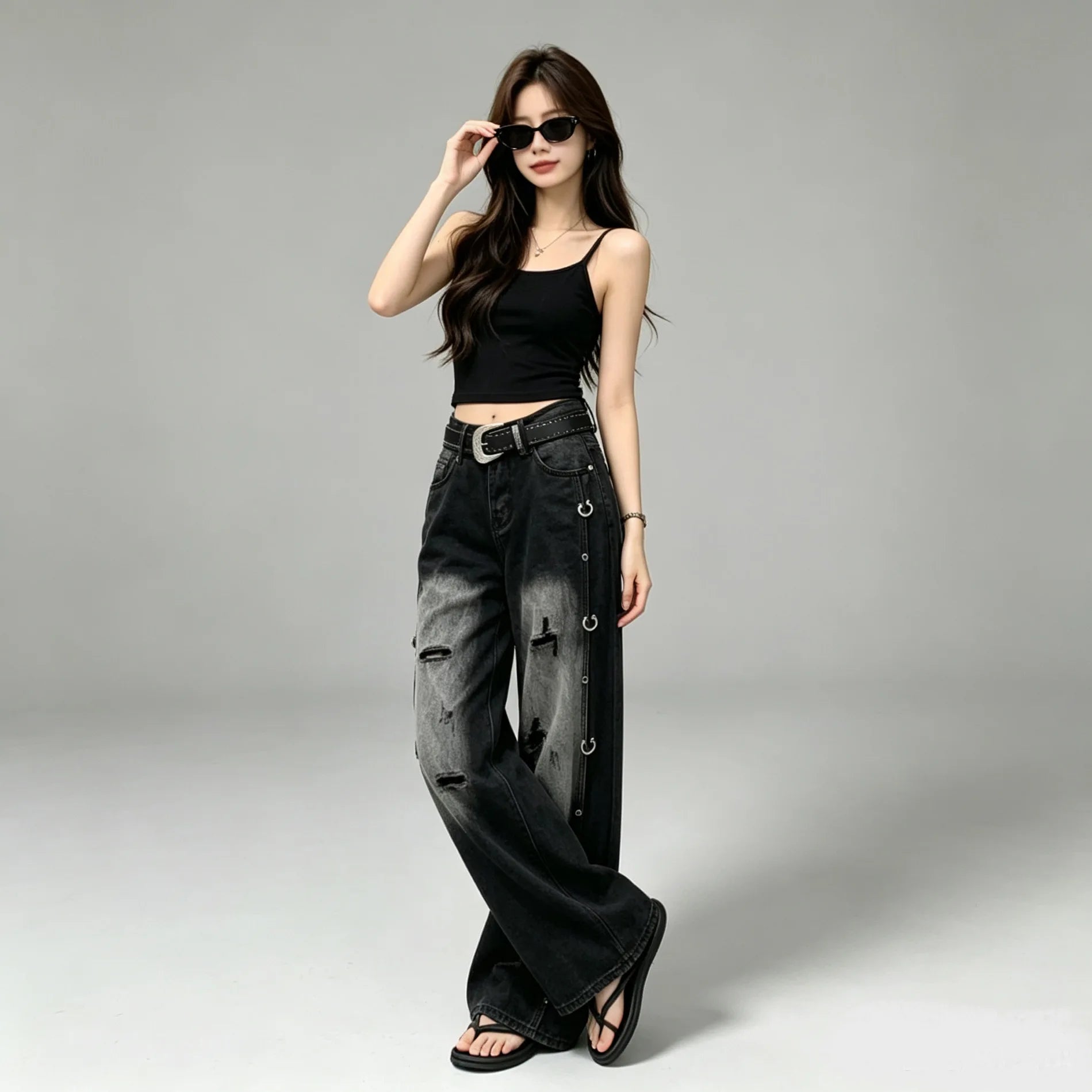 Rivet Washed Pants And Leggings Denim Wide Leg — Indigo | KIMLUD