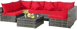 7 Pieces Patio Furniture Set, Patiojoy All-Weather Outdoor Rattan Sectional Sofa Set with Cushions and Tempered Glass Coffee Ta