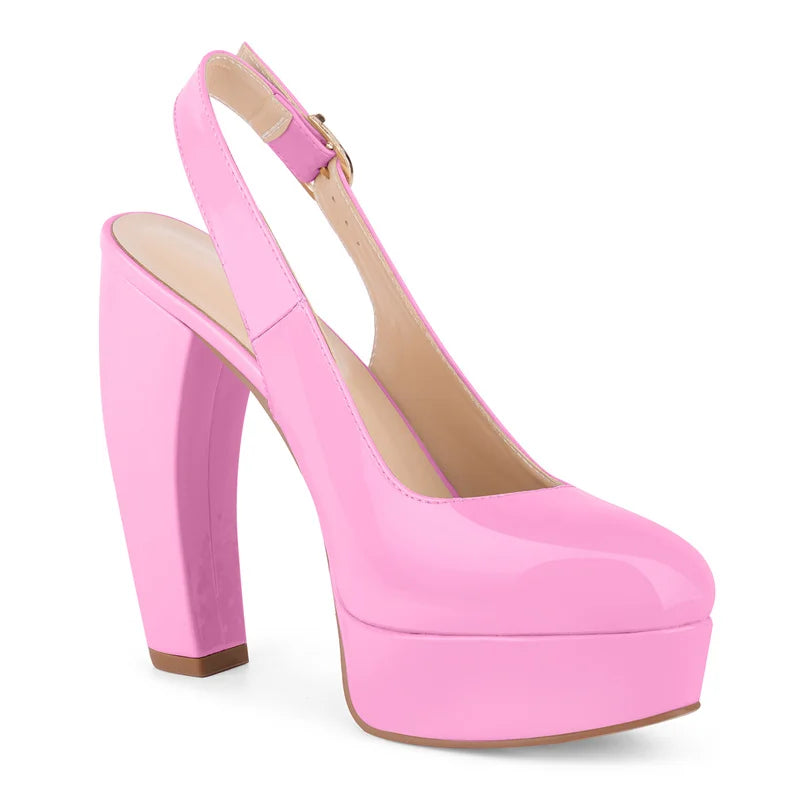 Pumps - Platform Patent Leather Chunky Heel - Round Toe | KIMLUD
