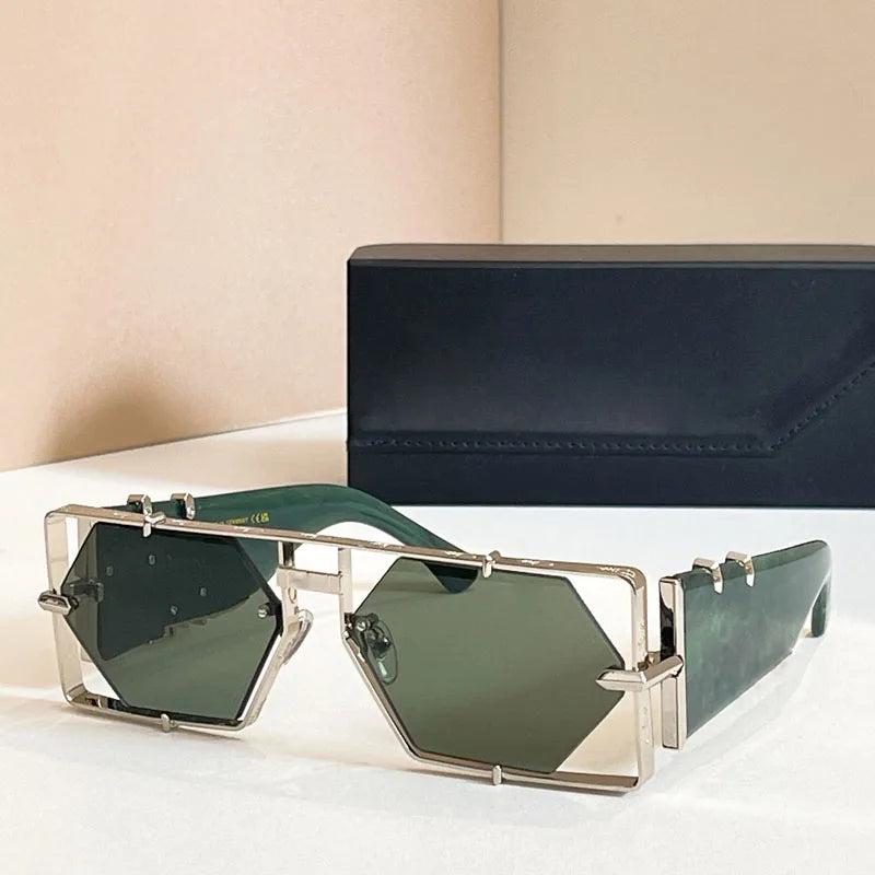 Metal Hexagon Sunglasses With Acetate Frame — Tortoiseshell Brown | KIMLUD