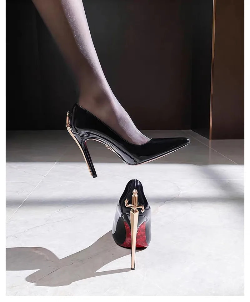 Patent PU Scepter High Heels Pointed Toe With Gold-Tone Stiletto — Black | KIMLUD