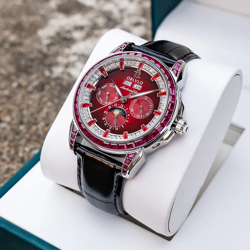 Leather Automatic Wristwatch 40mm Luminous Bezel — Chocolate Brown | KIMLUD
