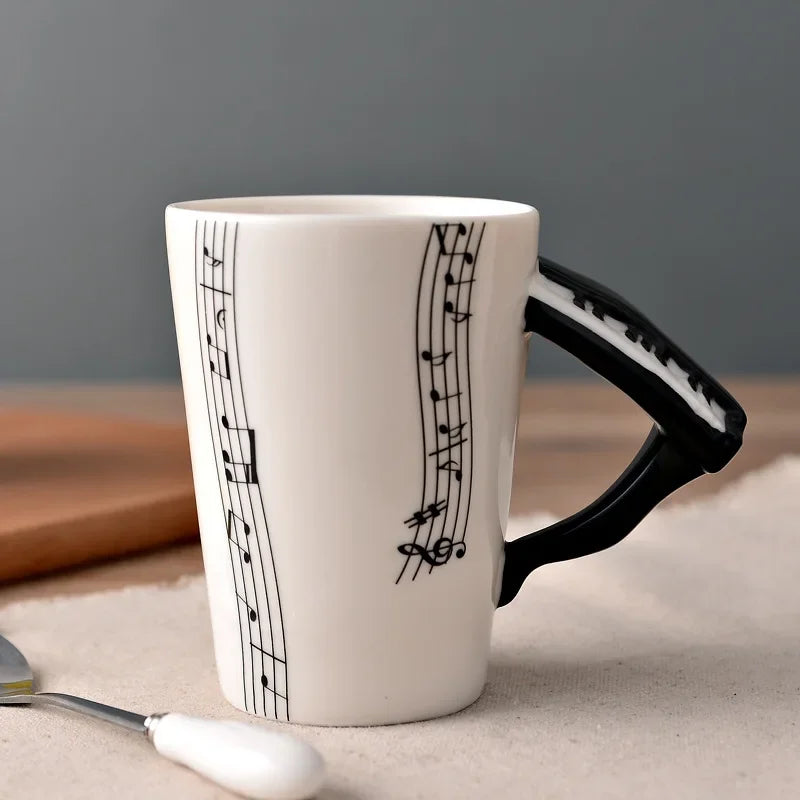 Bone China Mug With Music Note Motif And Delicate Guitar Handle — White | KIMLUD