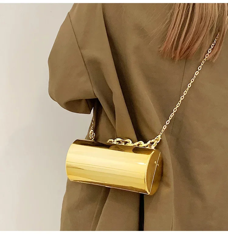 Metallic Cylinder Mini Box Clutch Purse — Gold | KIMLUD