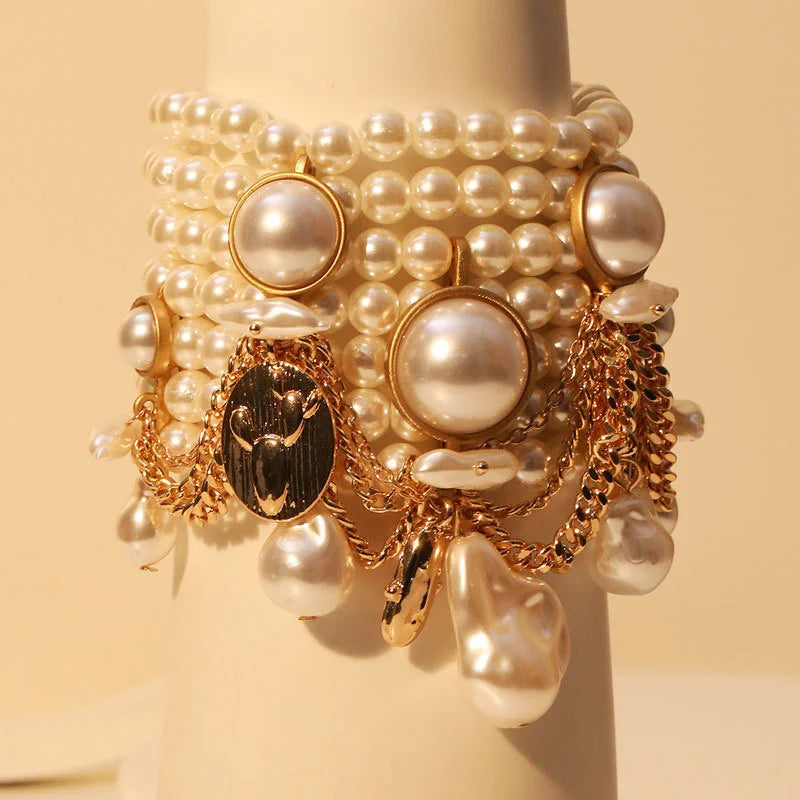 Handmade Bead Imitation Pearl Tassel Bracelet Multi-Layered — Gold | KIMLUD