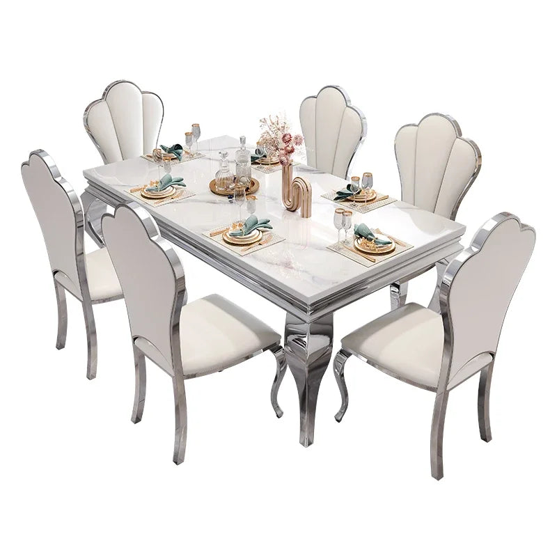 Marble Dining Table With Gold Accents And Rectangular Design — White | KIMLUD