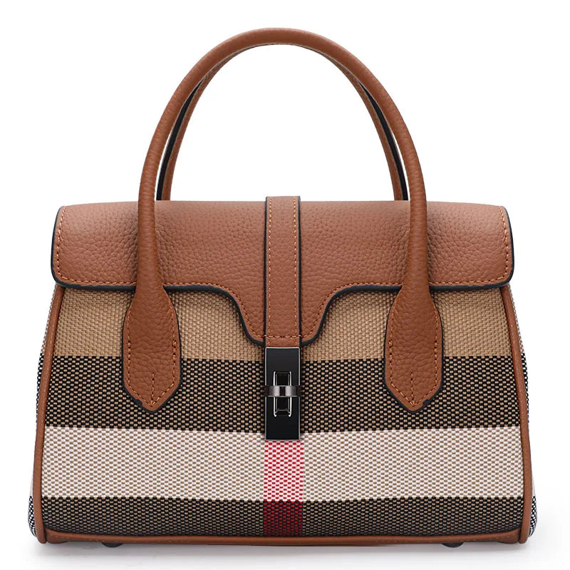 Canvas Patchwork Plaid Shoulder Bag Large Capacity — Tan | KIMLUD