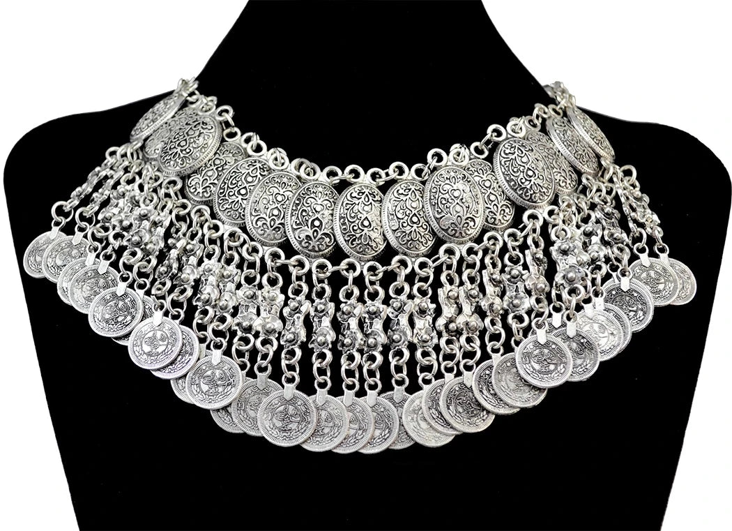 Collar Necklace - Big Chunky - Tibetan Silver - Silver | KIMLUD