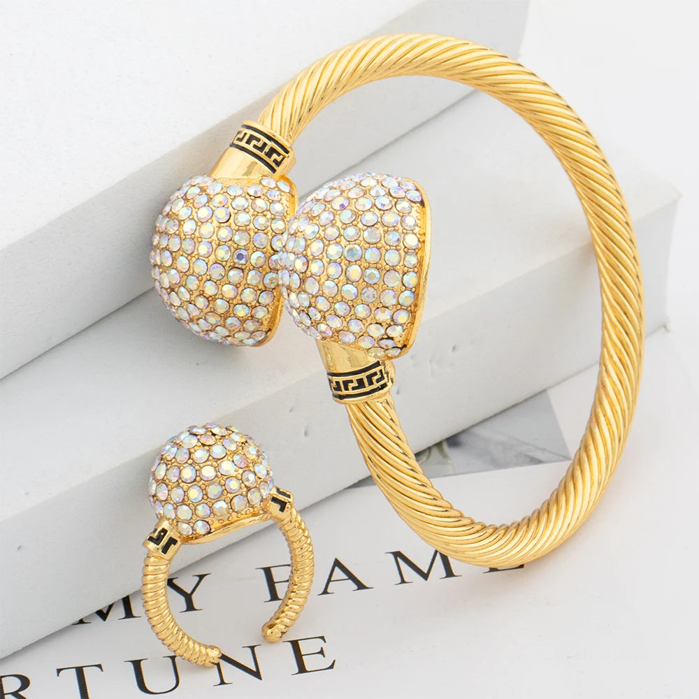 Gold Plated Jewelry Set Cuff Bangle Ring — Golden | KIMLUD