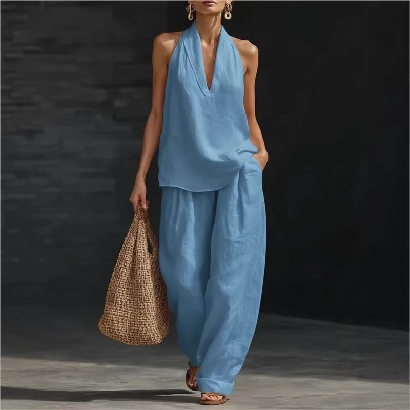 Casual Solid Set For Women Fashion Solid Sleeveless V Neck Tops+High Waist Wide Leg Pants 2 Piece Sets Lady Holiday Women's