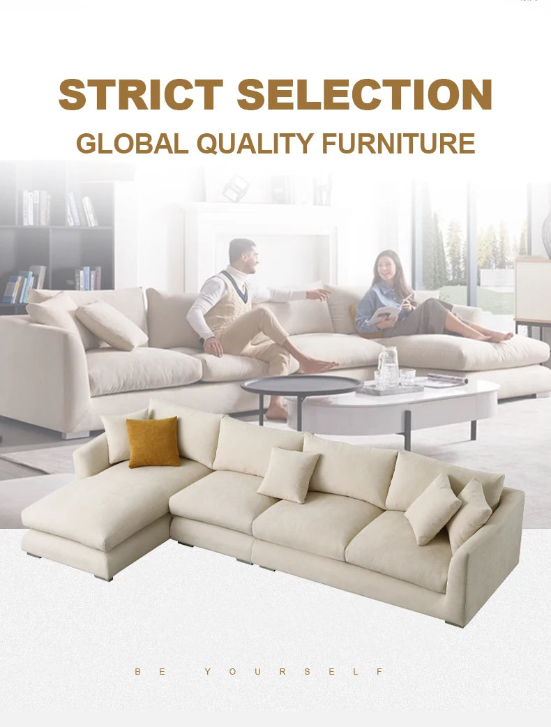 L-Shaped Cloud Down Chaise Sofa With Linen Upholstery And Removable Washable Covers — Ivory | KIMLUD