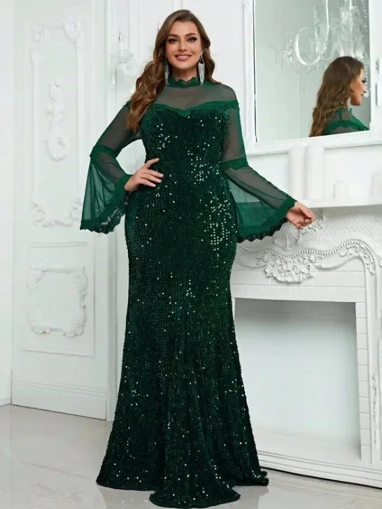 Party Dresses Plus Size Women Sequins Lace Splicing Black Elegant Evening Dresses Long Sleeve Large Fashion Lady Banquet Dress - KIMLUD