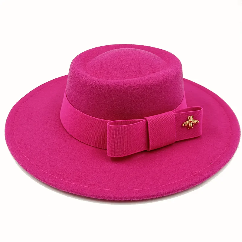 Wholesale Fedora hats Winter round concave convex surface flat top bow elastic ribbon men&#39;s and women&#39;s felt jazz hats Fedora - KIMLUD