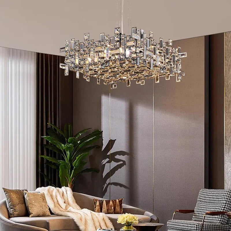 Postmodern light luxury square chrome crystal LED pendant light for living room dining room indoor home decoration E14 fixtures