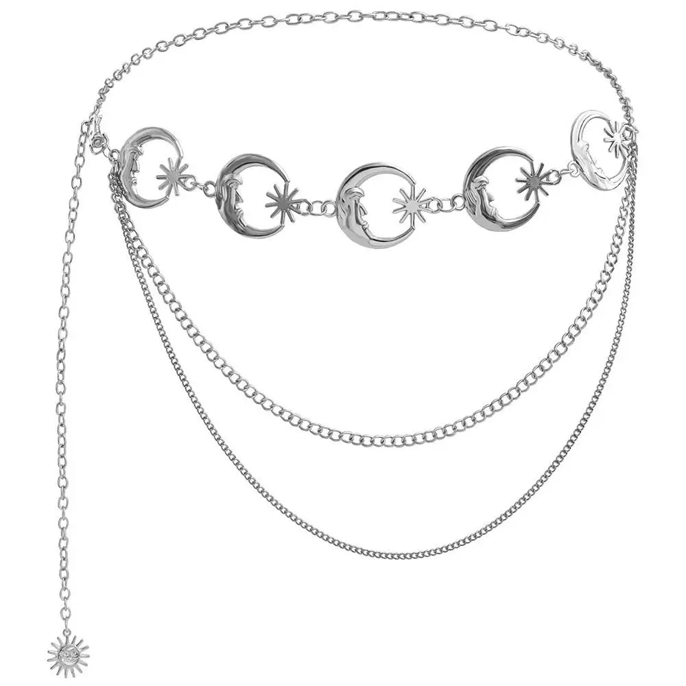 Punk Hip Hop Style Waist Chain Sun Moon Star — Silver | KIMLUD